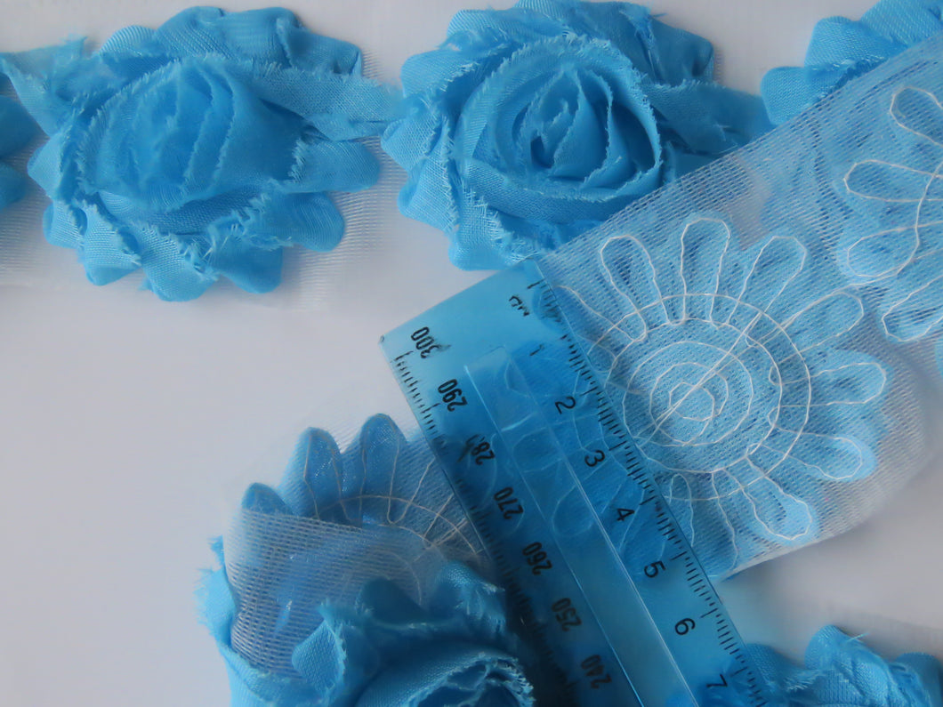 4 Teal  Shabby Chic Chiffon flowers  50mm diameter per flower