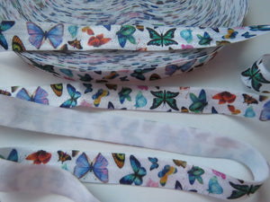 1m Butterfly print on white Fold over Elastic FOE Fold over elastic 15mm wide