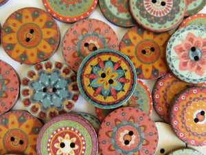 10 Mixed Pattern Teal Orange Pink Retro Print buttons 25mm diameter