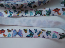 Load image into Gallery viewer, 1m Butterfly print on white Fold over Elastic FOE Fold over elastic 15mm wide