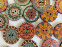 Load image into Gallery viewer, 10 Mixed Pattern Teal Orange Pink Retro Print buttons 25mm diameter