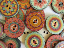 Load image into Gallery viewer, 10 Mixed Pattern Teal Orange Pink Retro Print buttons 25mm diameter