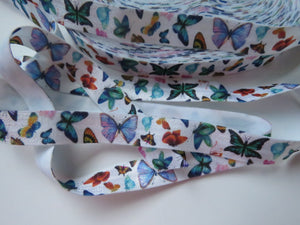 1m Butterfly print on white Fold over Elastic FOE Fold over elastic 15mm wide