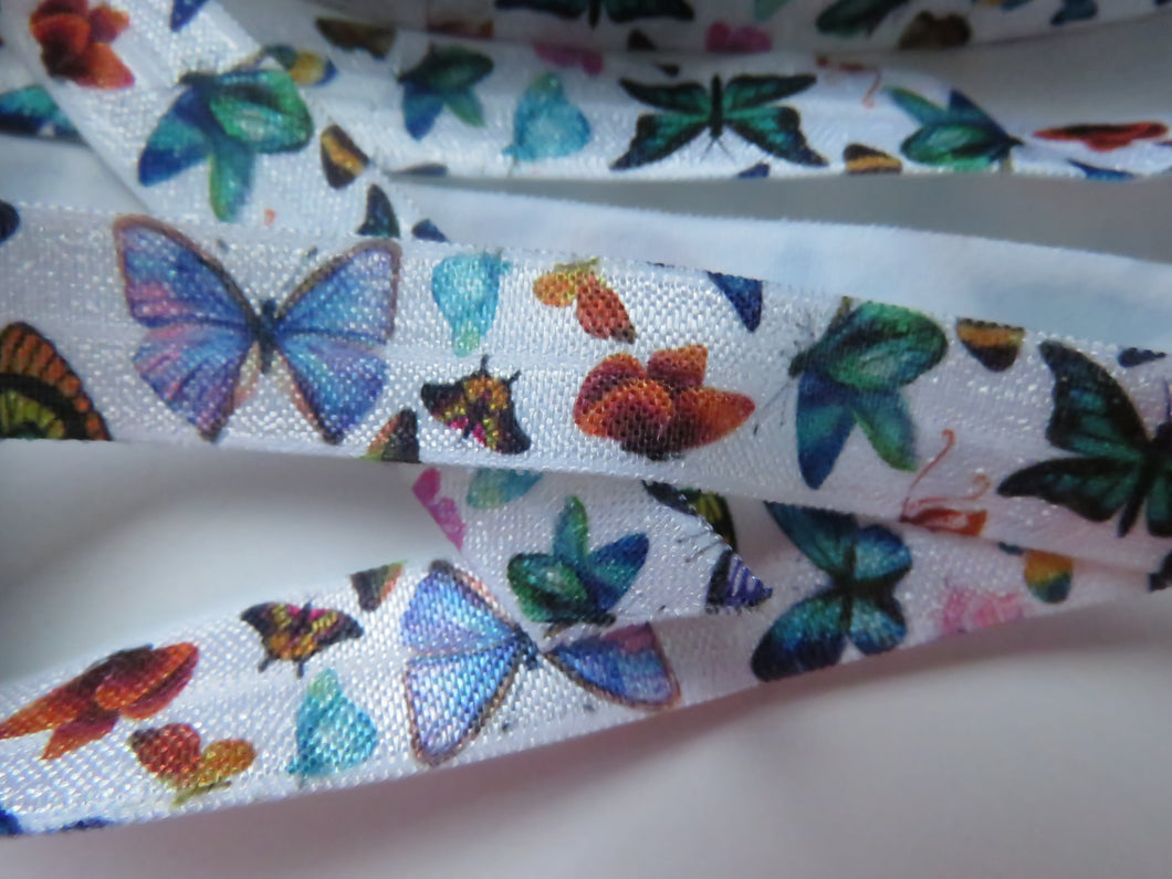 1m Butterfly print on white Fold over Elastic FOE Fold over elastic 15mm wide