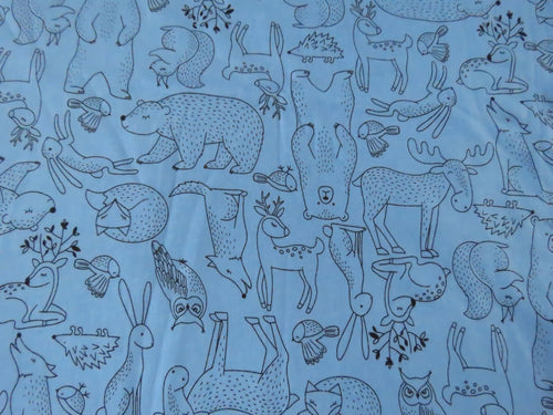 2m Woodland print- Bear, squirrel, rabbit deer etc Blue 100% organic cotton jersey knit 112cm