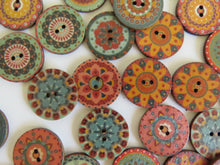 Load image into Gallery viewer, 10 Mixed Pattern Teal Orange Pink Retro Print buttons 25mm diameter