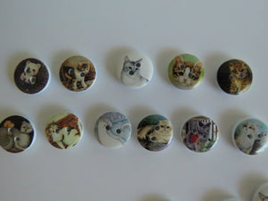 25 Mixed Cat print buttons- white wood look back 15mm