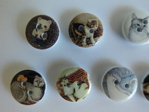 25 Mixed Cat print buttons- white wood look back 15mm