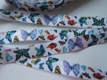 Load image into Gallery viewer, 1m Butterfly print on white Fold over Elastic FOE Fold over elastic 15mm wide