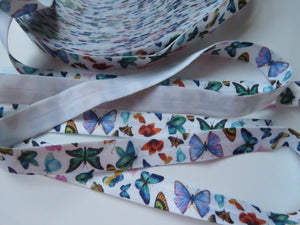 1m Butterfly print on white Fold over Elastic FOE Fold over elastic 15mm wide