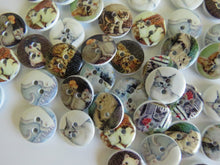 Load image into Gallery viewer, 25 Mixed Cat print buttons- white wood look back 15mm