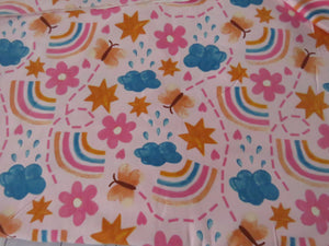 1m Rainbow Butterfly and Flowers on pink background organic cotton spandex jersey knit 160cm