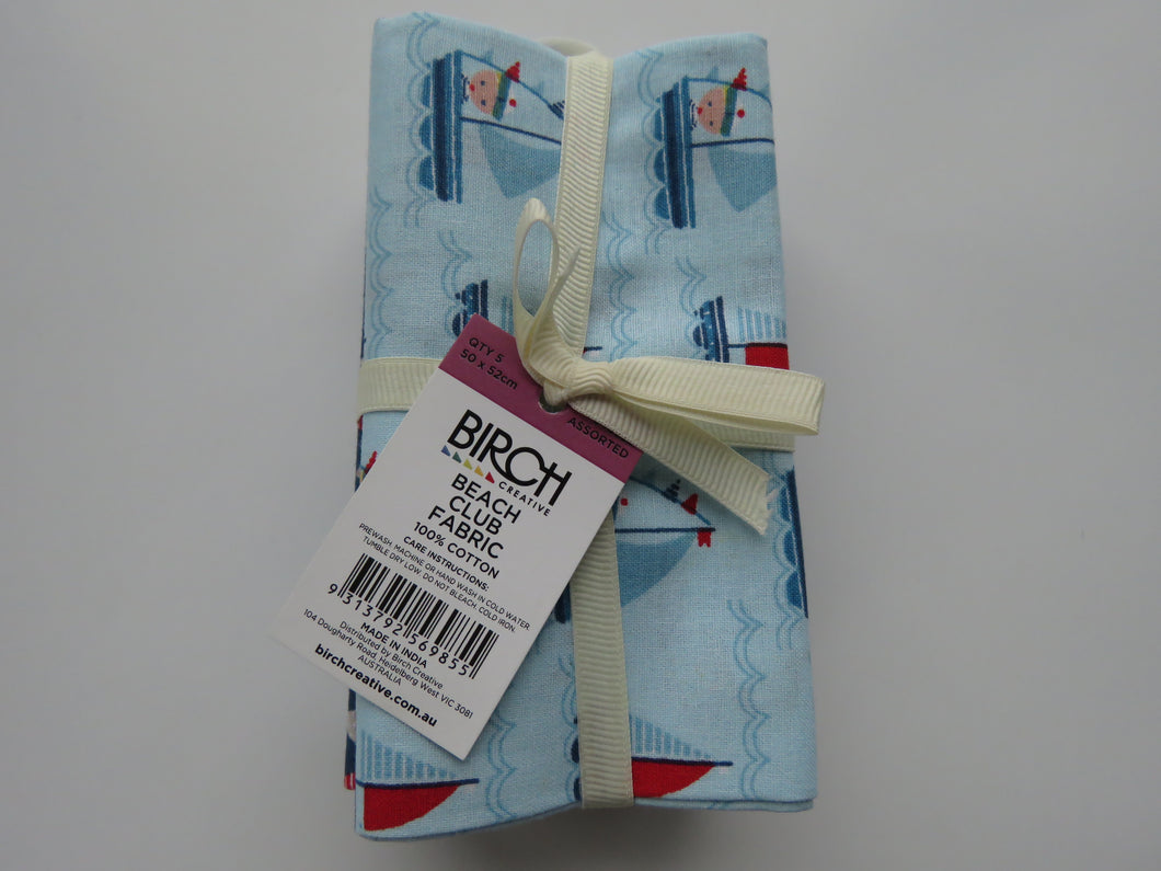 Beach Club Bundle of 5 Fat Quarters. Mixed prints- 100% cotton. 50 x 52cm per piece