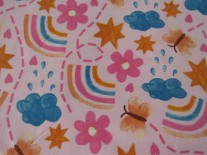 1m Rainbow Butterfly and Flowers on pink background organic cotton spandex jersey knit 160cm