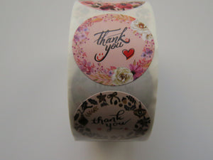 500 Stickers- mixed print floral Thank you in centre 25mm