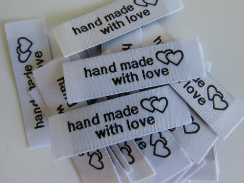 25 Bright White Handmade With Love and Heart Labels 45 x 15mm