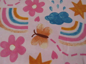 1m Rainbow Butterfly and Flowers on pink background organic cotton spandex jersey knit 160cm