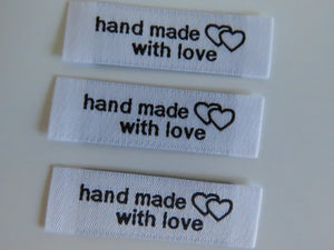 25 Bright White Handmade With Love and Heart Labels 45 x 15mm