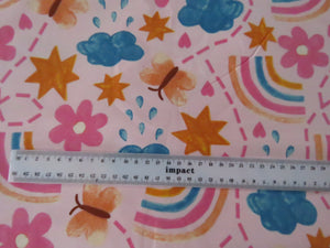 1m Rainbow Butterfly and Flowers on pink background organic cotton spandex jersey knit 160cm