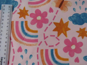 1m Rainbow Butterfly and Flowers on pink background organic cotton spandex jersey knit 160cm