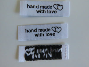 25 Bright White Handmade With Love and Heart Labels 45 x 15mm