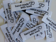 Load image into Gallery viewer, 25 Bright White Handmade With Love and Heart Labels 45 x 15mm