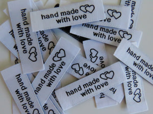 50 Bright White Handmade With Love and Heart Labels 45 x 15mm