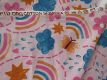 Load image into Gallery viewer, 1m Rainbow Butterfly and Flowers on pink background organic cotton spandex jersey knit 160cm