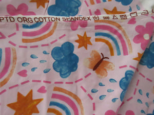 1m Rainbow Butterfly and Flowers on pink background organic cotton spandex jersey knit 160cm