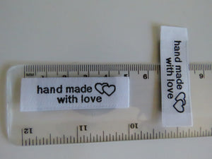 50 Bright White Handmade With Love and Heart Labels 45 x 15mm