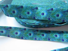 Load image into Gallery viewer, 1m Peacock Feather print Fold Over Elastic 15mm wide FOE Foldover