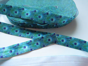 1m Peacock Feather print Fold Over Elastic 15mm wide FOE Foldover