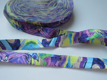 Load image into Gallery viewer, 2.3m Teal Yellow Purple Marbled print Fold Over Elastic 15mm wide FOE Foldover elastic