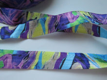 Load image into Gallery viewer, 1m Teal Yellow Purple Marbled print Fold Over Elastic 15mm wide FOE Foldover elastic