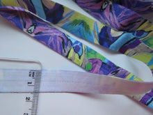 Load image into Gallery viewer, 5m Teal Yellow Purple Marbled print Fold Over Elastic 15mm wide FOE Foldover elastic