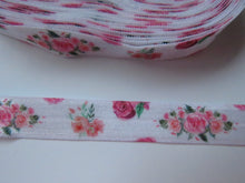 Load image into Gallery viewer, 4.7m Bunch of Pink Roses print on white Fold over Elastic FOE Fold over elastic 15mm wide