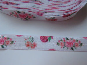 4.7m Bunch of Pink Roses print on white Fold over Elastic FOE Fold over elastic 15mm wide