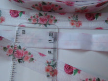 Load image into Gallery viewer, 4.7m Bunch of Pink Roses print on white Fold over Elastic FOE Fold over elastic 15mm wide