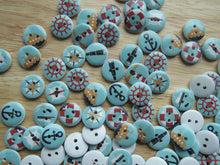 Load image into Gallery viewer, 20 Blue Sailing Marine Nautical Wooden Buttons 15mm diameter 2 holes