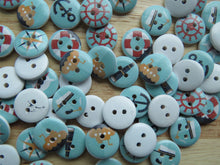 Load image into Gallery viewer, 20 Blue Sailing Marine Nautical Wooden Buttons 15mm diameter 2 holes