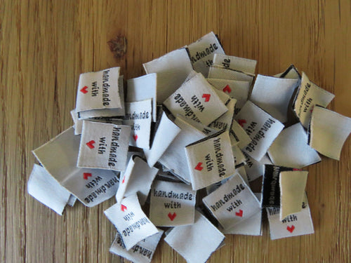 10 White Handmade with red heart 2 x 2cm satin labels.