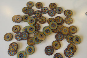 50 Yellow Teal Middle Eastern Print Round Wood like Buttons 25mm diameter