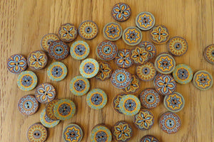 50 Yellow Teal Middle Eastern Print Round Wood like Buttons 25mm diameter