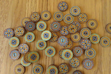 Load image into Gallery viewer, 50 Yellow Teal Middle Eastern Print Round Wood like Buttons 25mm diameter