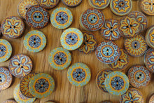 Load image into Gallery viewer, 50 Yellow Teal Middle Eastern Print Round Wood like Buttons 25mm diameter