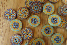 Load image into Gallery viewer, 50 Yellow Teal Middle Eastern Print Round Wood like Buttons 25mm diameter