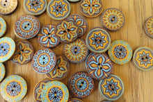 Load image into Gallery viewer, 50 Yellow Teal Middle Eastern Print Round Wood like Buttons 25mm diameter