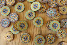 Load image into Gallery viewer, 50 Yellow Teal Middle Eastern Print Round Wood like Buttons 25mm diameter