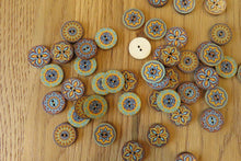 Load image into Gallery viewer, 50 Yellow Teal Middle Eastern Print Round Wood like Buttons 25mm diameter