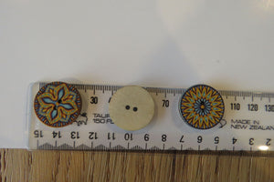 50 Yellow Teal Middle Eastern Print Round Wood like Buttons 25mm diameter